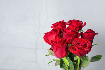 A bouquet of red roses, on a light background. 7 roses. The concept of congratulations on the holiday, anniversary celebration, birthday, there is a place for the text. ...