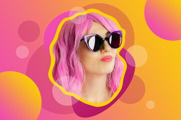 Funky woman in sunglasses. Crazy lady and surreal composition of textures, shapes, gradients. Contemporary art collage. Zine culture. Pop art. Fashion magazine style for posters, banners, wallpaper.