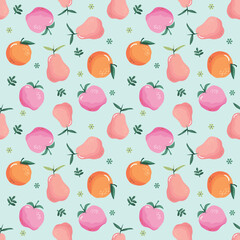 Summer seamless pattern with fruits. Festive tropical background for textile, fabric, decorative paper. Raster