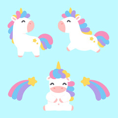Cute unicorn horse cartoon set With a rainbow pastel shooting star Isolated on background
