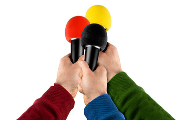 news reporter interview hands with microphone isolated white background. reporter live...