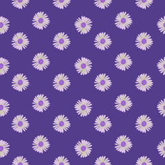 Abstract retro seamless pattern with daisy flowers doodle silhouettes. Purple background. Simple style ornament.