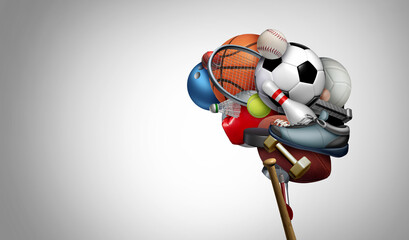 Thinking sports and sport brain psychology concept as a group of exercise equipment shaped as a human organ for psychological mental health as exercising to improve cognitive fitness