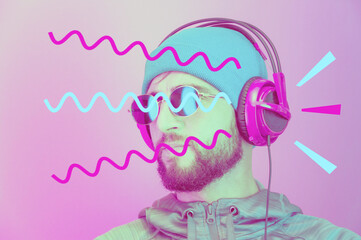 Pop art style collage. Funky bearded hipster DJ in headphone and sunglasses. Listening streaming music in smartphone player app. Contemporary art poster. Rave music nightclub party. Minimal concept.