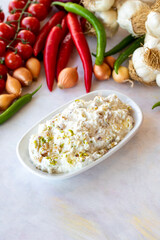 Marko Pasha appetizer prepared with chicken, roasted eggplant, garlic, walnuts and mayonnaise. Traditional Turkish cuisine flavors. Appetizer served with the main course