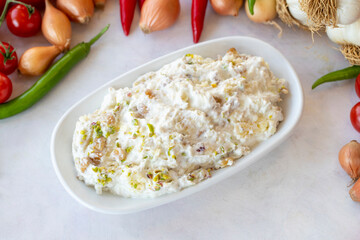 Marko Pasha appetizer prepared with chicken, roasted eggplant, garlic, walnuts and mayonnaise. Traditional Turkish cuisine flavors. Appetizer served with the main course