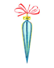 Yellow-blue toy icicle with red bow. Christmas toy made of colored glass. A hand-drawn watercolor illustration isolated on a white background. For design of winter holidays New year, Merry Christmas.