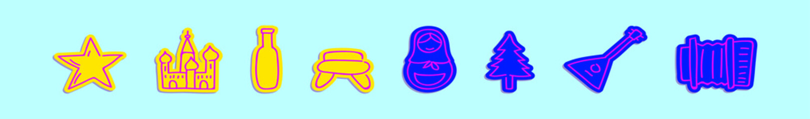 set of russian cartoon icon design template with various models. vector illustration isolated on blue background