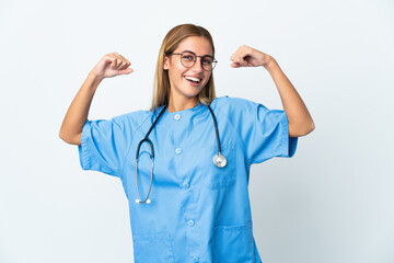 Surgeon doctor woman over isolated white background doing strong gesture