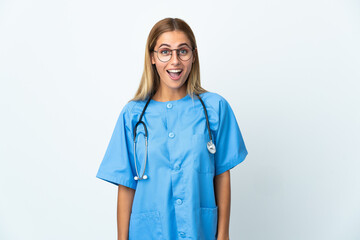 Surgeon doctor woman over isolated white background with surprise facial expression