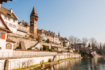 Bremgarten, Altstadt, Muri-Amthof, Reuss, Fluss, Altstadthäuser, Reussufer, Eisenbahnbrücke, Aargau, Reusstal, Frühling, Winter, Schweiz