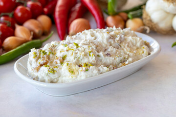 Marko Pasha appetizer prepared with chicken, roasted eggplant, garlic, walnuts and mayonnaise. Traditional Turkish cuisine flavors. Appetizer served with the main course