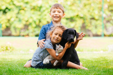 Close relationship between siblings and their pets - 418952245