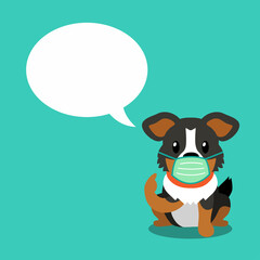 Obraz premium Cartoon character american shepherd dog wearing protective face mask with speech bubble for design.