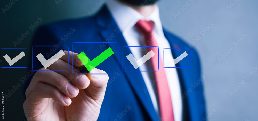 Poster man with check mark on virtual screen