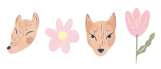 illustration of cute cartoon foxes, leaves, berries, mushrooms with hello spring text message