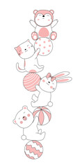 Hand drawn style. Cartoon sketch the cute posture baby animals