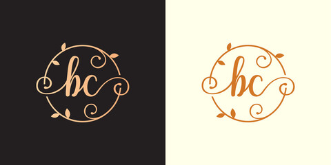 Decorative, luxury Letter BC initial, Classy Monogram logo inside a circular stalk, stem, nest, root with leaves elements. Letter BC flower bouquet wedding logo