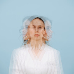 Calm woman. Triple exposure portrait. She's facing three different directions
