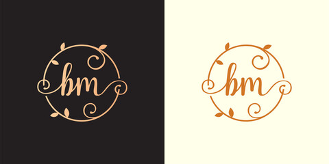 Obraz premium Decorative, luxury Letter BM initial, Classy Monogram logo inside a circular stalk, stem, nest, root with leaves elements. Letter BM flower bouquet wedding logo