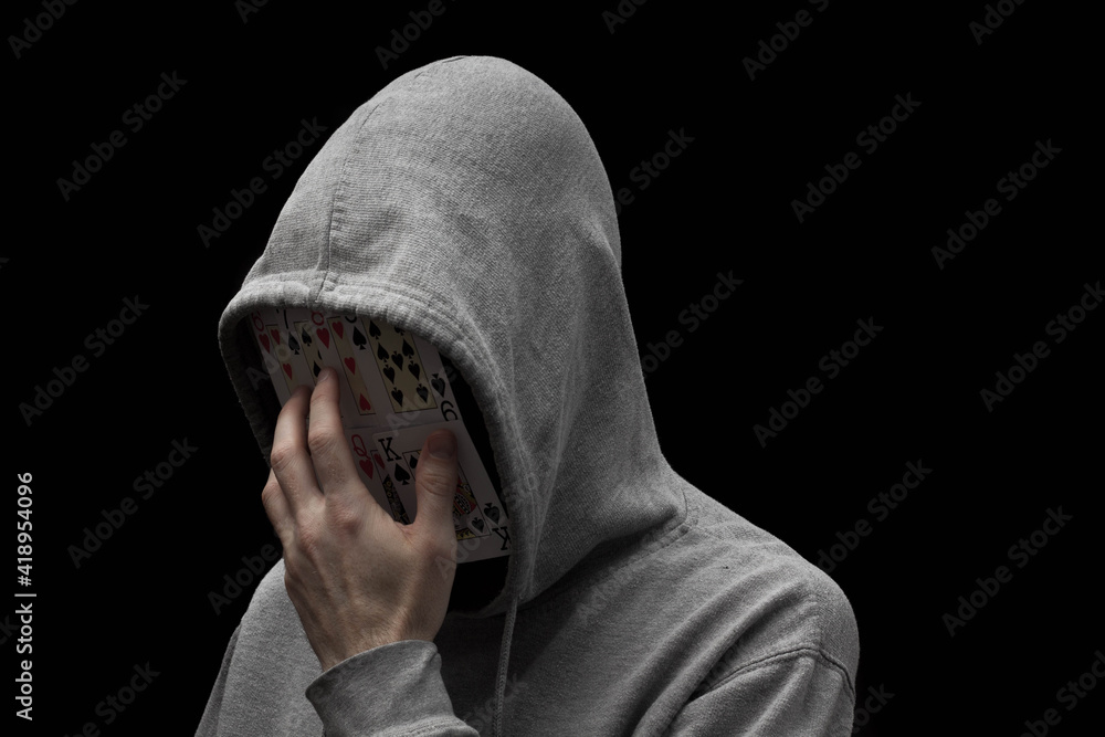 Canvas Prints Man in hoodie with mask of playing cards hiding face