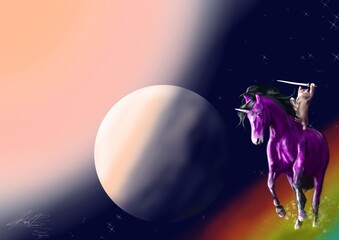 gato con espada sobre un unicornio, cabalgando por un arcoíris en el espacio