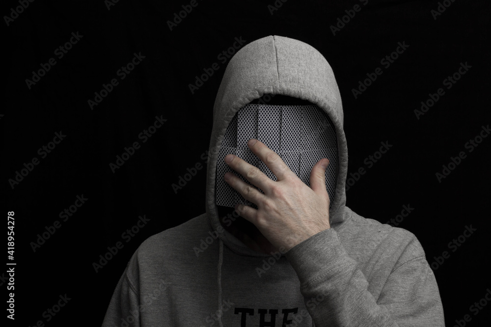 Sticker Man in hoodie with mask of playing cards hiding face