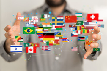 Global communication and international messaging concept, national flags of world