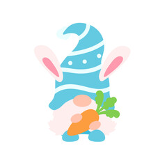 Cute gnomes wearing bunny ears hold carrots and colorful eggs in Easter. Isolated on background