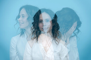 Dynamic triple exposure portrait of a woman, facing three different directions