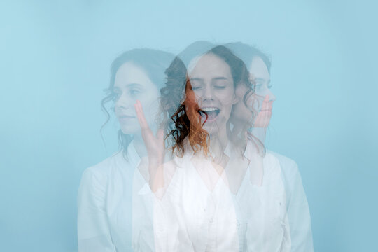 Singing woman, facing three different directions. Triple exposure portrait.