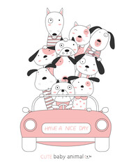 Cartoon sketch the dog cute baby animals with the pink car. Hand-drawn style.