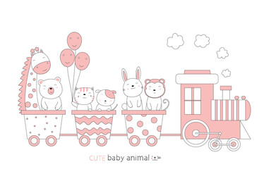 Cartoon sketch the cute baby animal on the train. Hand-drawn style.