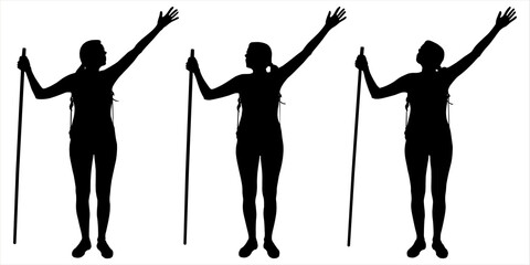 Girl, woman looks up, stands still with his hands up for joy, success, victory. Climber, tourist, hiker with walking stick, backpack on back. Black female silhouette with the tail of hair on the head.