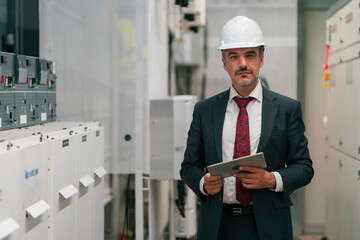 Portrait shot of senior engineer or management inspecting work in the electrical control room