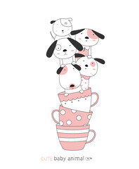 Cartoon sketch the cute dog baby animal with a cup. Hand-drawn style.