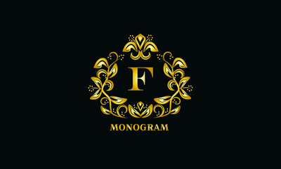 Stylish design for invitations, menus, labels. Elegant gold monogram on a black background with the letter F. The logo is identical for a restaurant, hotel, heraldry, jewelry.