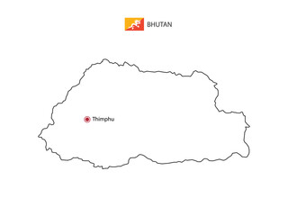 Hand draw thin black line vector of Bhutan Map with capital city Thimphu on white background.