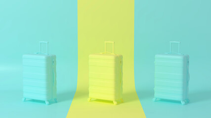 3D Scene. Yellow suitcases on the way that are different with blue.