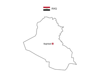 Hand draw thin black line vector of Iraq Map with capital city Baghdad on white background.