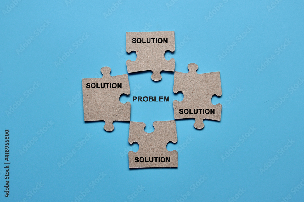 Poster puzzle pieces with inscriptions: problem and solution. the symbol of the problem and finding solutio