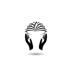 Lotus flower in hands icon with shadow
