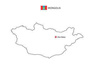 Hand draw thin black line vector of Mongolia Map with capital city Ulan Bator on white background.