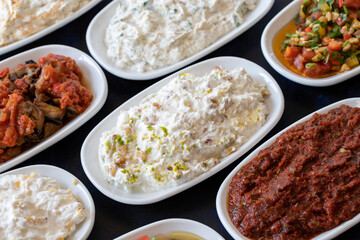 Traditional Turkish and Greek food appetizer table. Grilled eggplant salad (saksuka), Anamur salad, Baba Ghanoush (Mutabbal), pasha appetizer, spicy paste or harissa, purslane salad. Selective focus
