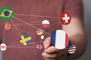 Fototapeta premium Global communication and international messaging concept, national flags of world