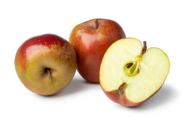 Whole and halved Belle de Boskoop or Goudreinet apple close up isolated on white background