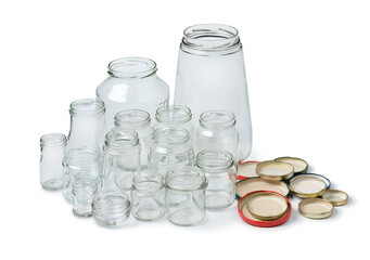 Recycled empty glass jars isolated on white background
