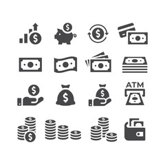 Fototapeta premium Money or financial vector icon set. Dollar coin, money stack, wallet, banknote finance symbols.