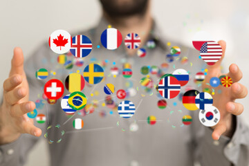 Global communication and international messaging concept, national flags of world