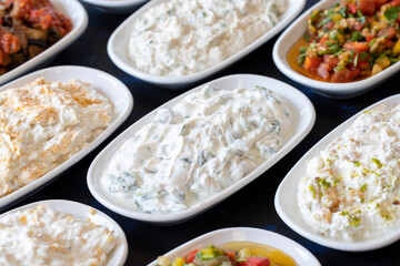 Traditional Turkish and Greek food appetizer table. Grilled eggplant salad (saksuka), Anamur salad, Baba Ghanoush (Mutabbal), pasha appetizer, spicy paste or harissa, purslane salad. Selective focus